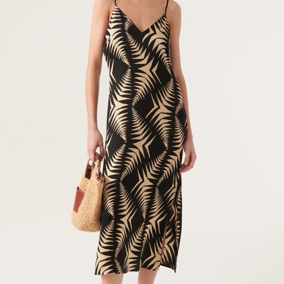 NEW | BA&Sh Geometric Print Viscose‎ Midi Slip Dress Black Tan Leaf Napi  S - Picture 1 of 8